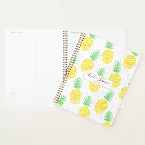 Cute Tropical Watercolor Pineapple Gold Sparkles Planner