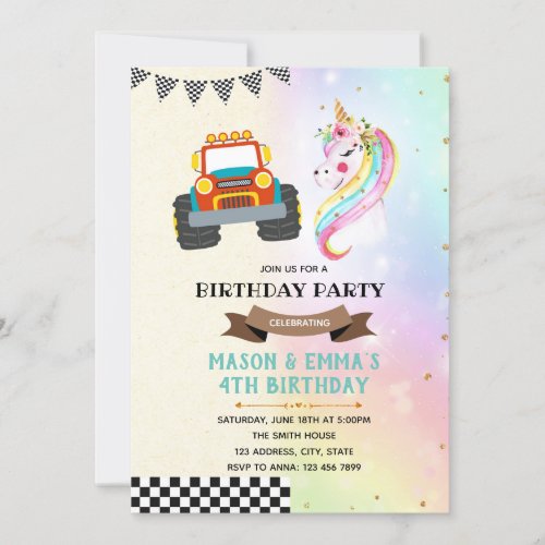 Cute truck and unicorn party invitation