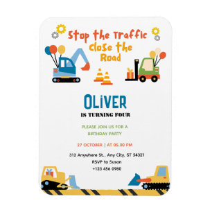 Cute Truck Construction Birthday Party Invitation Magnet