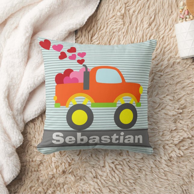 Cute Truck Hearts Orange Boys Bedroom Throw Pillow (Blanket)