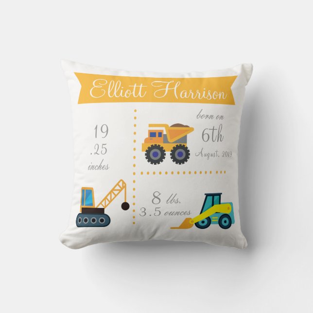 Cute Trucks Baby Boy Announcement Pillow (Front)