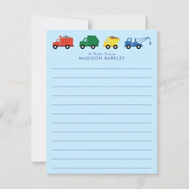 Cute Trucks Boy's Kid's Flat Stationary Cards (Front)