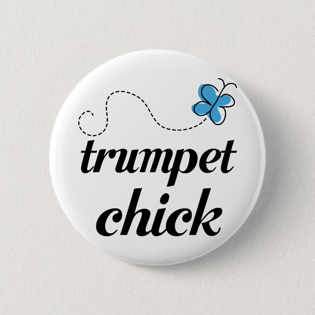 Cute Trumpet Chick Blue Button (Front)