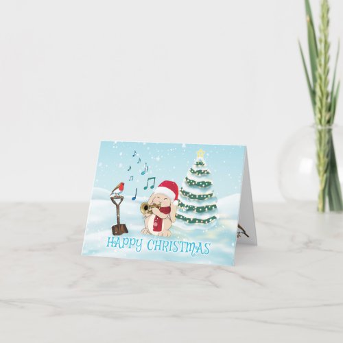 Cute Trumpet Player Rabbit In Snow with Robin Holiday Card