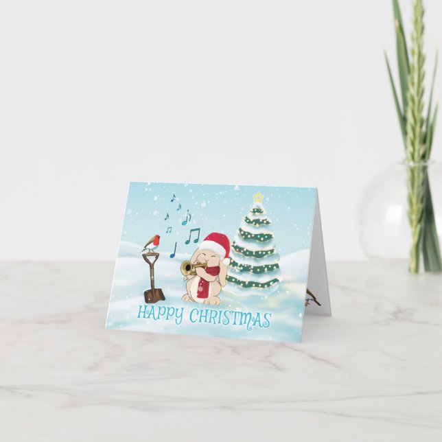 Cute Trumpet Player Rabbit In Snow with Robin Holiday Card (Front)