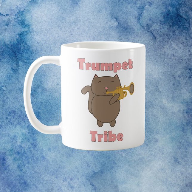 Cute Trumpet Tribe Cat Illustration Music Lover Coffee Mug (A mug with a cute brown cat playing the trumpet with the words trumpet tribe.)