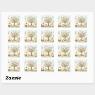 Cute Tu Bishvat Watercolor Blooming Tree Square Sticker