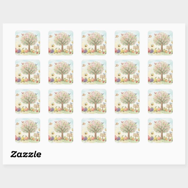 Cute Tu Bishvat Watercolor Blooming Tree Square Sticker (Sheet)