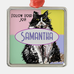 Cute Tuedo Cat Pastel Pink Childs Name Decoration