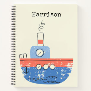 Cute Tug Boat Red Blue Illustration Name Custom Notebook