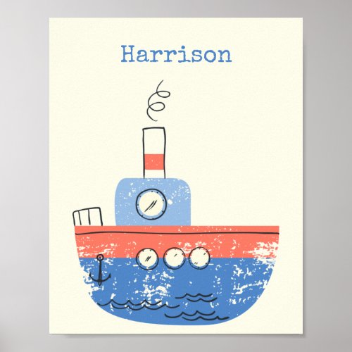 Cute Tug Boat Red Blue Illustration Name Custom Poster