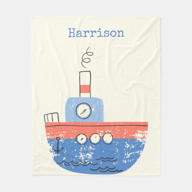 Cute Tug Boat Red Blue Personalized Name Ocean Fleece Blanket (Front)