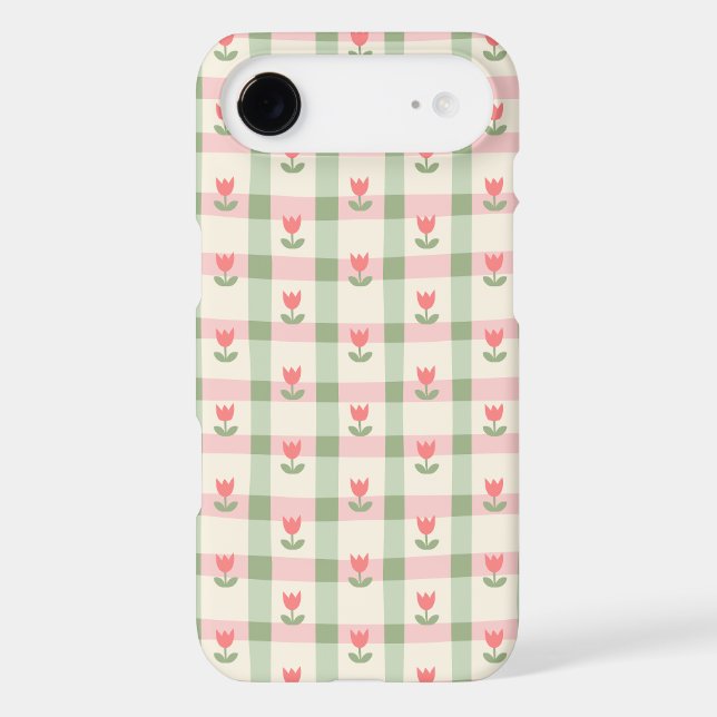 Cute Tulip Checkered Pattern | Pastel Floral  iPhone Case (Back)