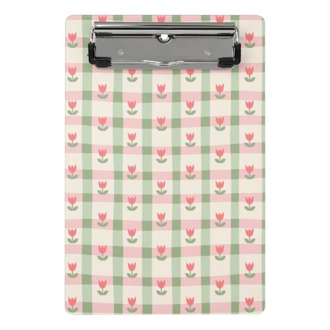 Cute Tulip Checkered Pattern | Pastel Floral  Mini Clipboard (Front)