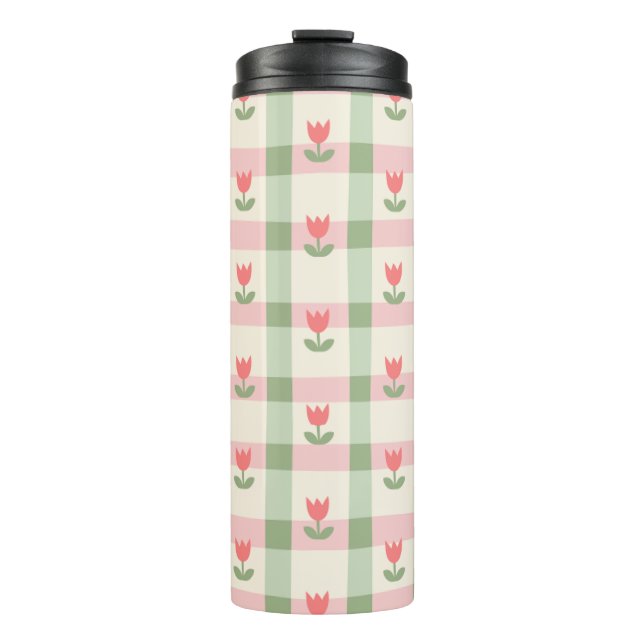 Cute Tulip Checkered Pattern | Pastel Floral  Thermal Tumbler (Front)