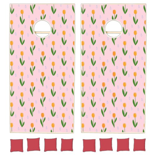 Cute Tulip Flower with Raindrop Pattern Cornhole Set