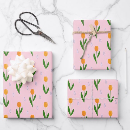 Cute Tulip Flower with Raindrop Pattern Wrapping Paper Sheets