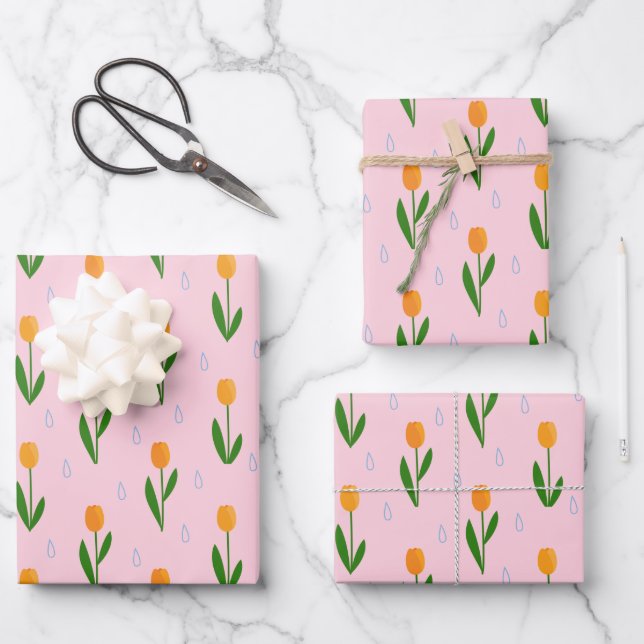 Cute Tulip Flower with Raindrop Pattern Wrapping Paper Sheets (Front)