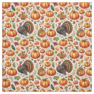Cute Turkey and Pumpkin Pattern  Fabric