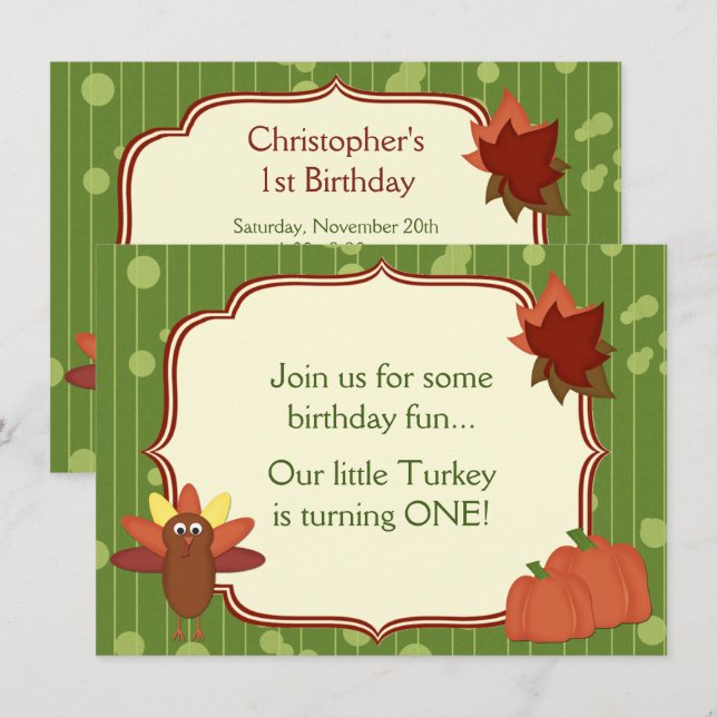 Cute Turkey and Pumpkins Thanksgiving 1st Birthday Invitation (Front/Back)