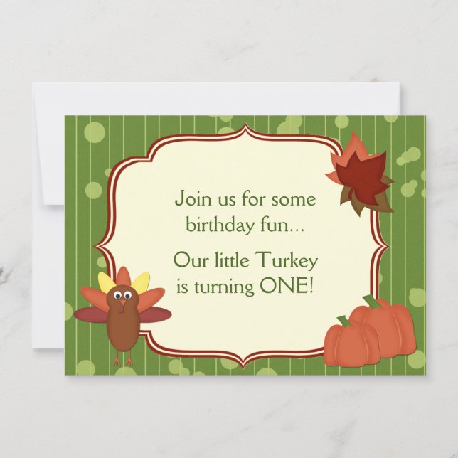 Cute Turkey and Pumpkins Thanksgiving 1st Birthday Invitation (Front)