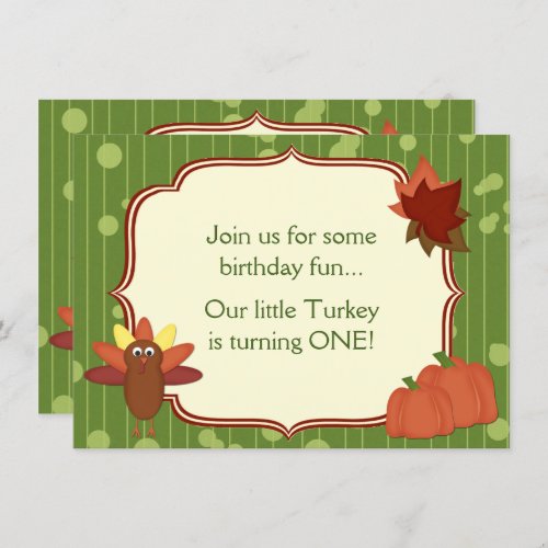 Cute Turkey and Pumpkins Thanksgiving 1st Birthday Invitation