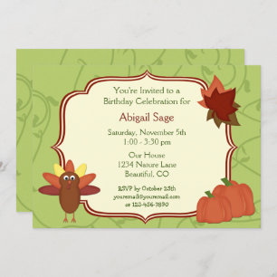 Cute Turkey and Pumpkins Thanksgiving Birthday Invitation