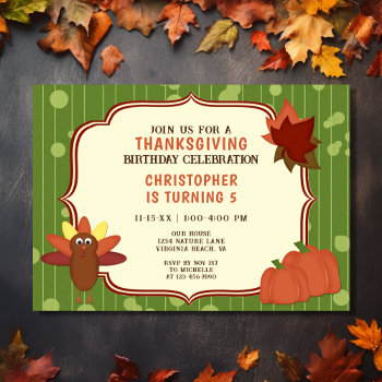 Cute Turkey And Pumpkins Thanksgiving Birthday Invitation by TheCutieCollection at Zazzle