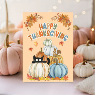 Cute Turkey and Retro Pumpkins Happy Thanksgiving Card