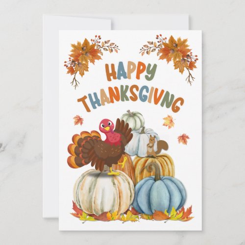 Cute Turkey and Retro Pumpkins Happy Thanksgiving Holiday Card