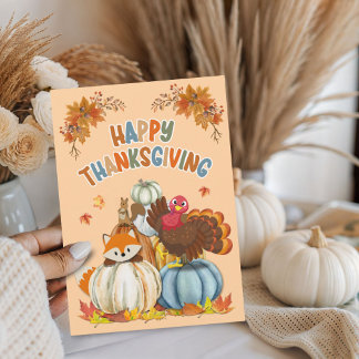 Cute Turkey and Retro Pumpkins Happy Thanksgiving Holiday Card