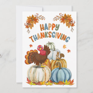 Cute Turkey and Retro Pumpkins Happy Thanksgiving Holiday Card