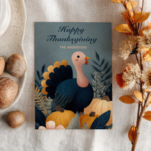 Cute Turkey& Autumn Foliage Happy Thanksgiving Holiday Card