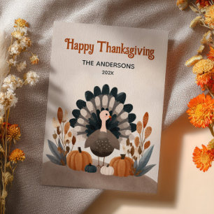 Cute Turkey Autumn Foliage Happy Thanksgiving Holiday Card