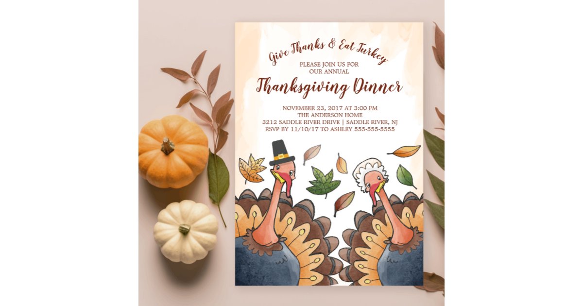 Cute Turkey Couple Thanksgiving Dinner Invitation | Zazzle