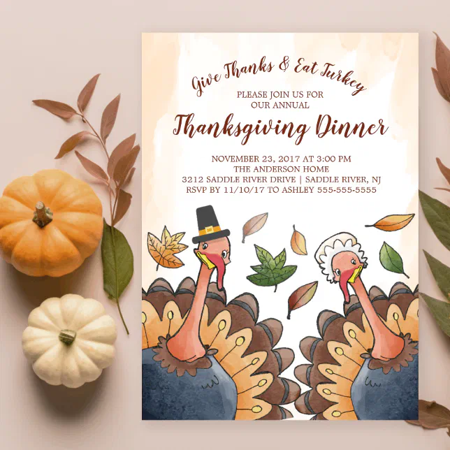 Cute Turkey Couple Thanksgiving Dinner Invitation | Zazzle