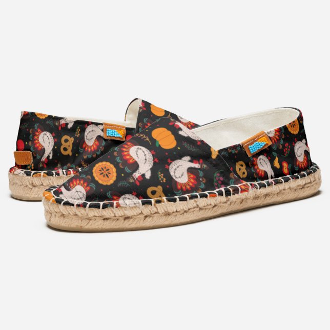 Cute Turkey Fall Autumn Earthy Vintage Black Espadrilles (Angled)