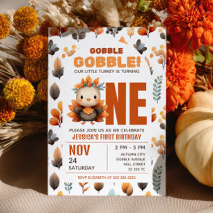 Cute Turkey Fall Foliage Thanksgiving 1st Birthday Invitation