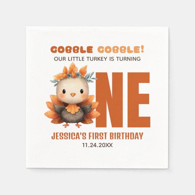 Cute Turkey Gobble Thanksgiving 1st Birthday Napkins (Front)