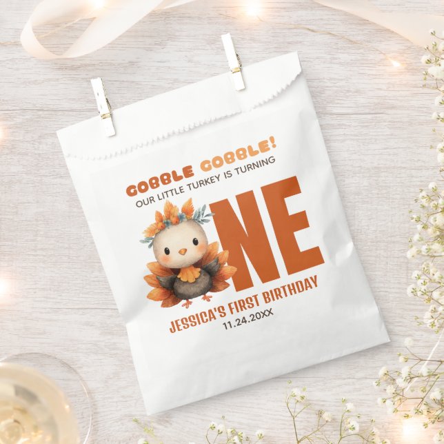 Cute Turkey Gobble Thanksgiving Fall 1st Birthday  Favor Bag (Clipped)