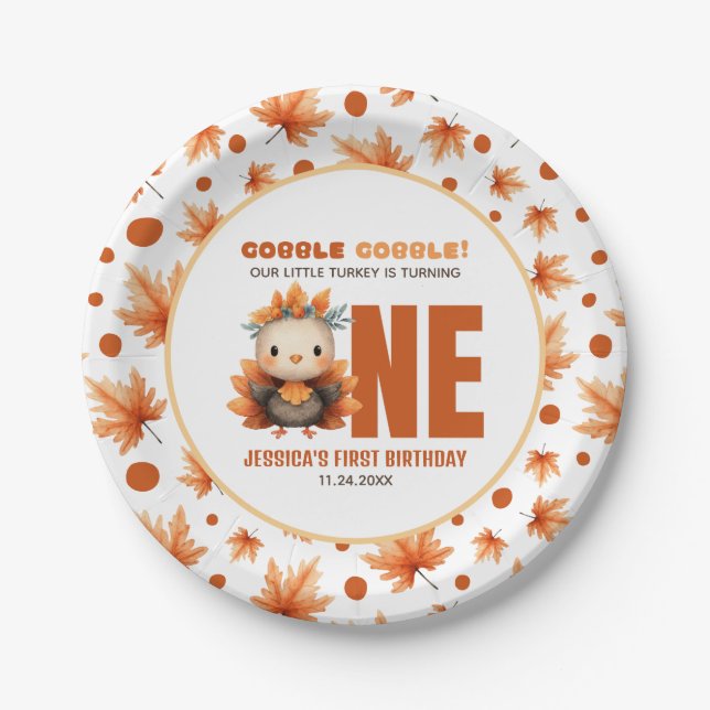 Cute Turkey Gobble Thanksgiving Fall 1st Birthday Paper Plates (Front)
