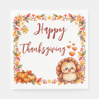 Cute Turkey Happy Thanksgiving Autumn Leaves Napkins