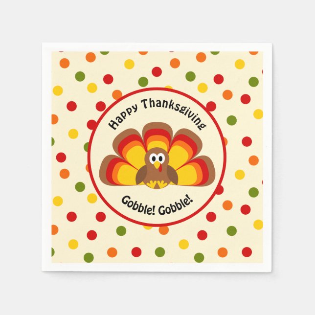 Cute Turkey Happy Thanksgiving Gobble Polka Dots Napkins (Front)