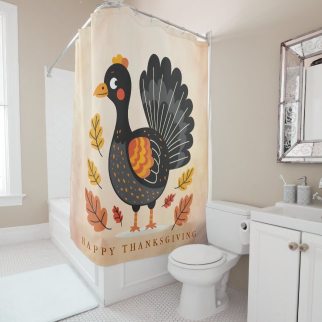 Cute Turkey Happy Thanksgiving Shower Curtain (In Situ)