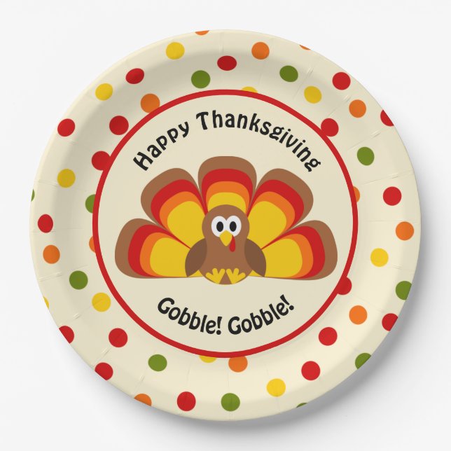 Cute Turkey Happy Thanksgiving with Polka Dots Pap Paper Plates (Front)