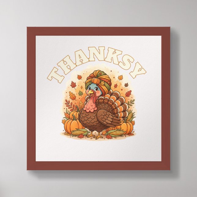 Cute Turkey Illustration – Thanksy Thanksgiving Wa Framed Art (Framed Front)