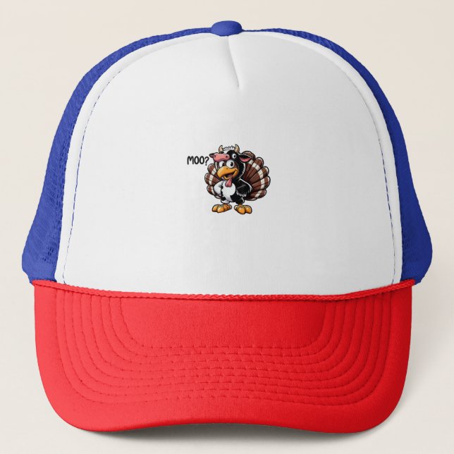 Cute Turkey Moo Fake Cow Head Funny Fall Thanksgiv Trucker Hat (Front)