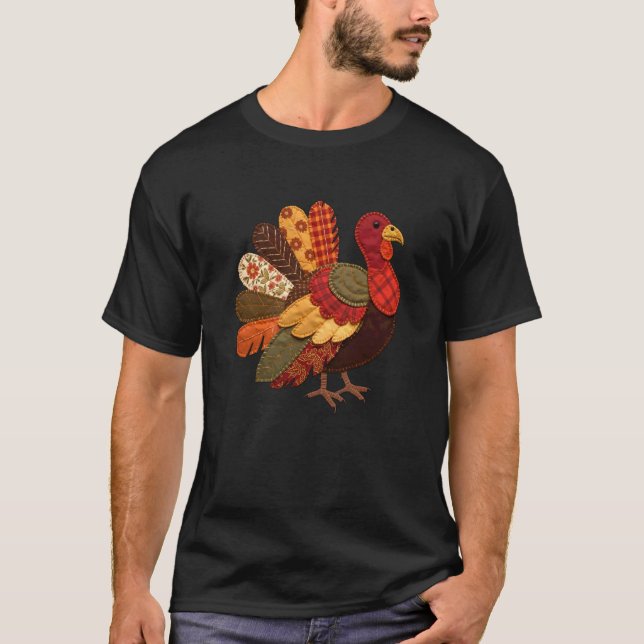 Cute Turkey Patchwork Gobble Thankful Autumn Thank T-Shirt (Front)