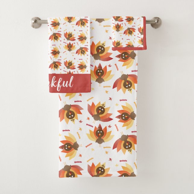 Cute Turkey Pattern Thankful Colorful Bath Towel Set (Insitu)