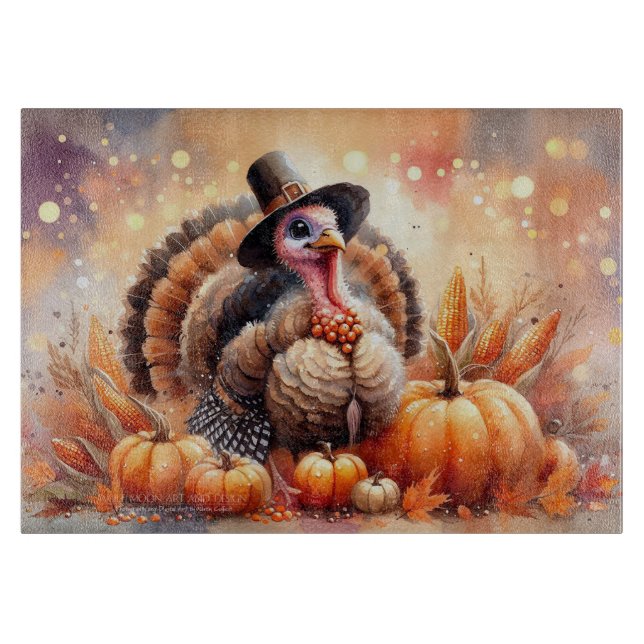 Cute Turkey Pilgrim Hat Pumpkins Corn Thanksgiving Cutting Board (Front)
